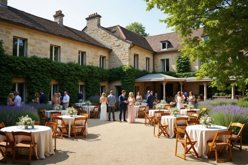 Vue extérieure d'un domaine de mariage en pierre avec des invités élégants sur la cour en gravier entourée de lavande