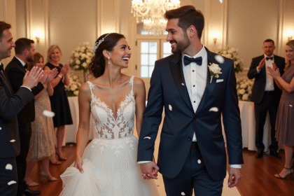 Jeune couple de mariés souriants dans la salle de réception