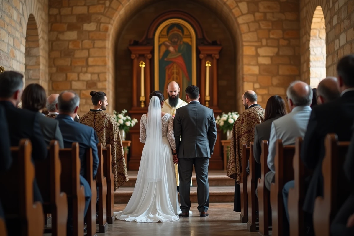 Cérémonie de mariage religieux orthodoxe albanais dans une église historique avec prêtre et couple
