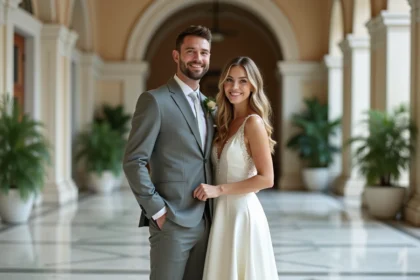 Jeune couple marié dans un lieu élégant en intérieur