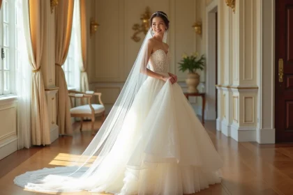 Jeune femme en robe de mariée volumineuse et voile léger
