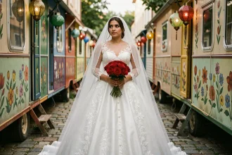 Jeune mariée gitane en robe de mariée blanche avec dentelle devant des caravanes colorées, regard contemplatif dans une ruelle pavée