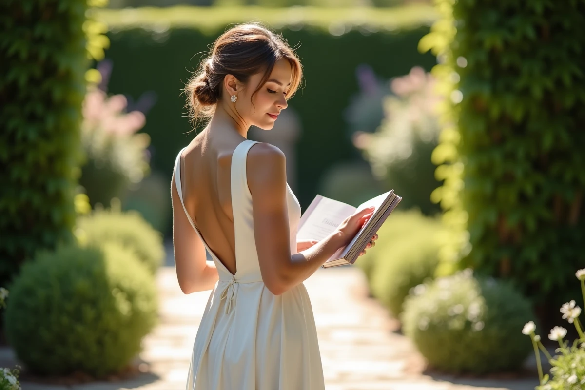 Mariée en robe de mariée simple en crêpe blanc consultait un catalogue dans un jardin naturel verdoyant