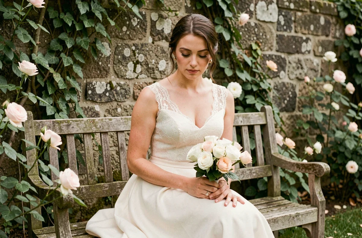 Mariée en robe ivoire simple tenant un bouquet de roses dans un jardin champêtre pour un mariage élégant et économique
