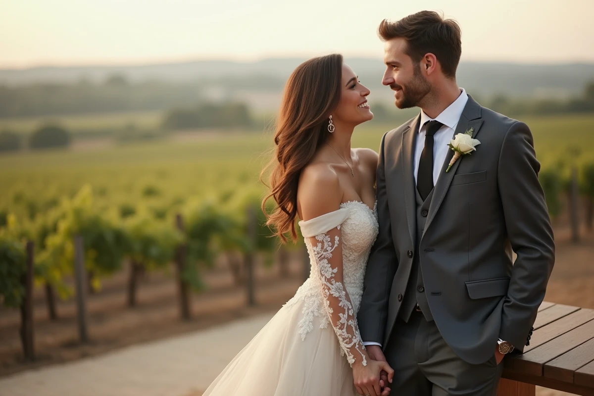 Mariés se regardant tendrement sur une terrasse en bois avec vue sur les vignes d'un domaine viticole