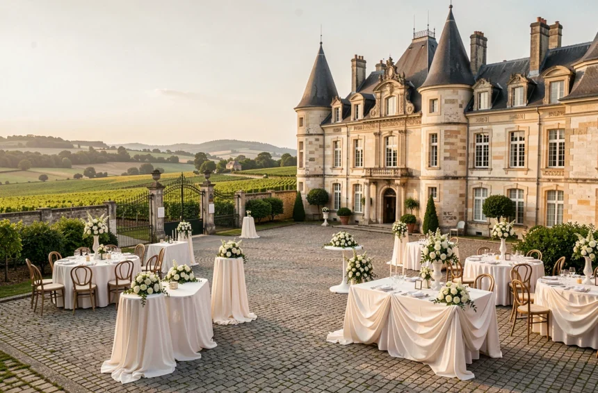 Vue panoramique d'une salle de mariage de prestige dans le Rhône, avec un château en pierre entouré de vignes et de collines verdoyantes
