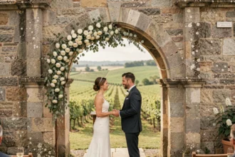 Cérémonie de mariage en plein air en Loire-Atlantique avec un couple sous une arche de pierre fleurie et des vignes en arrière-plan