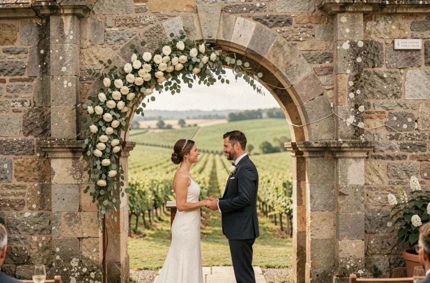 Cérémonie de mariage en plein air en Loire-Atlantique avec un couple sous une arche de pierre fleurie et des vignes en arrière-plan