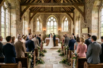 Cérémonie de mariage dans une chapelle normande en pierre avec couple à l'autel et invités en tenue élégante