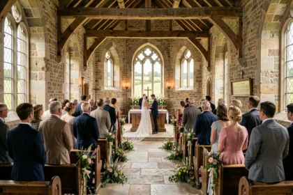 Cérémonie de mariage dans une chapelle normande en pierre avec couple à l'autel et invités en tenue élégante