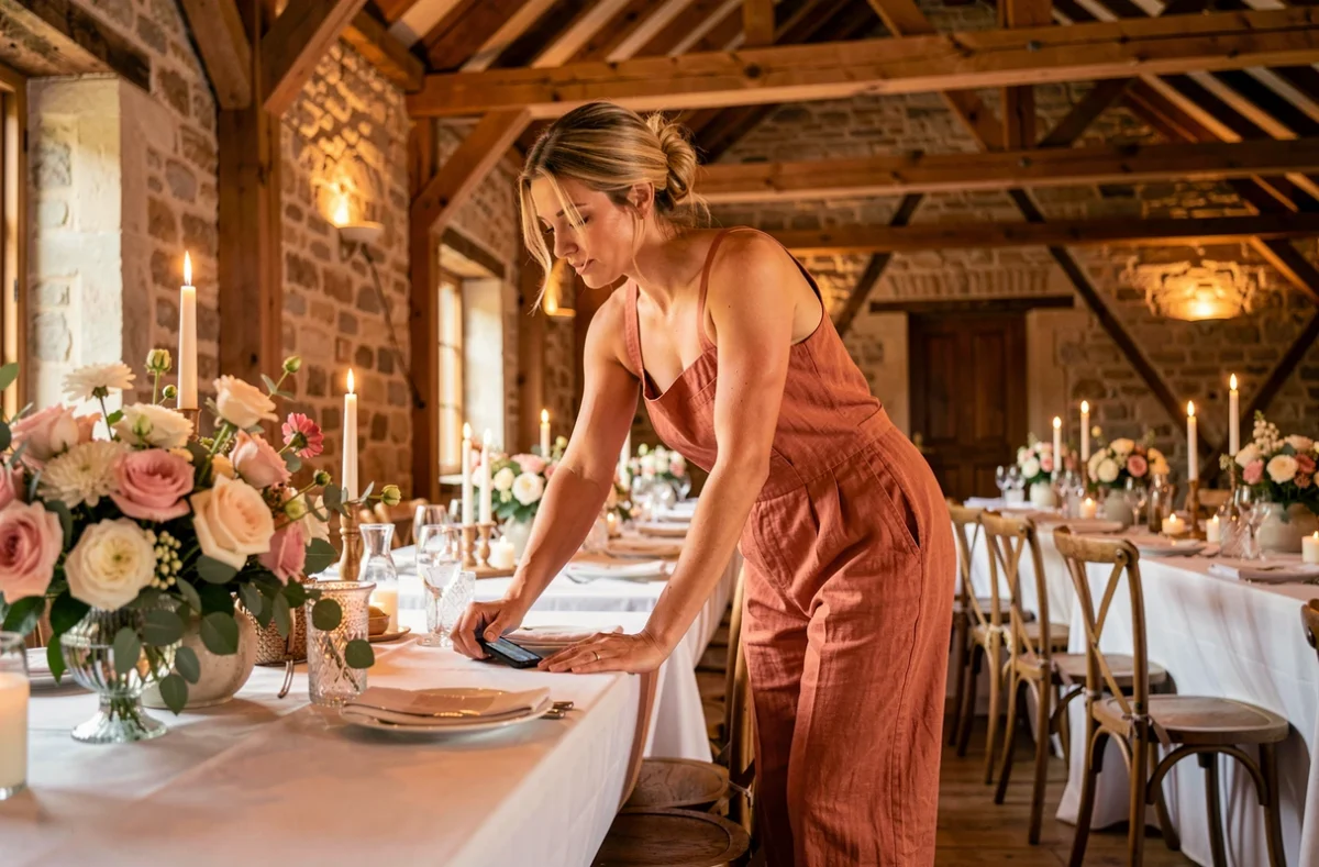 Photographe de mariage féminine photographiant une décoration de table dans une grange normande rénovée avec poutres en chêne