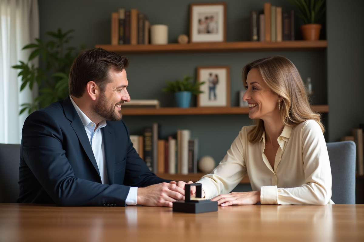 Couple lors d un dîner intime avec bague de fiançailles