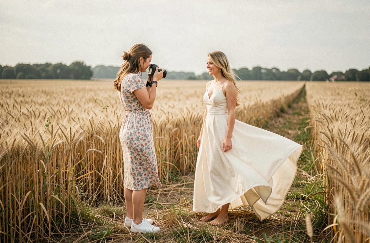 Morgane L'Hôtellier photographiant une mariée dans un champ de blé doré près de Saint-Nazaire, robe ivoire au vent et paysage rural en arrière-plan