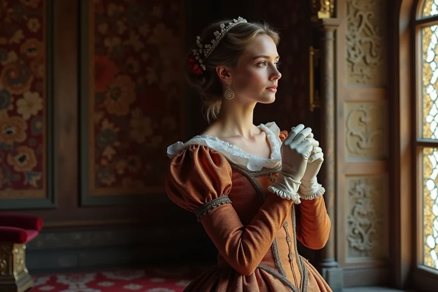 Dame noble anglaise en robe tudora contemplant une bague