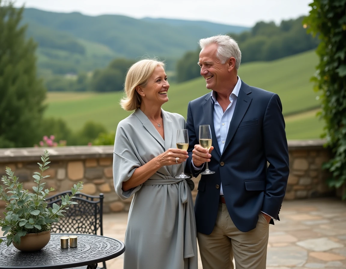 Couple fêtant ses noces d'argent avec une coupe de champagne sur une terrasse en pierre avec vue sur les vignes