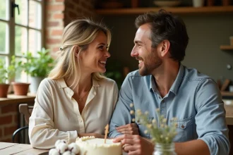 Couple célébrant ses noces de coton avec des cadeaux faits main et une décoration rustique en lin et coton naturel