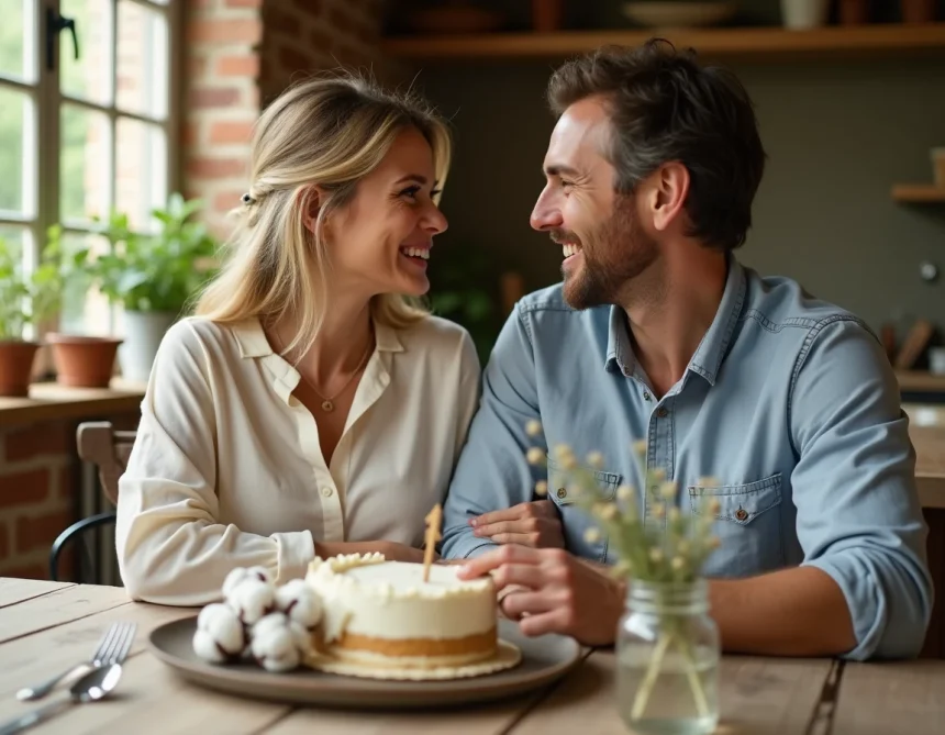 Couple célébrant ses noces de coton avec des cadeaux faits main et une décoration rustique en lin et coton naturel
