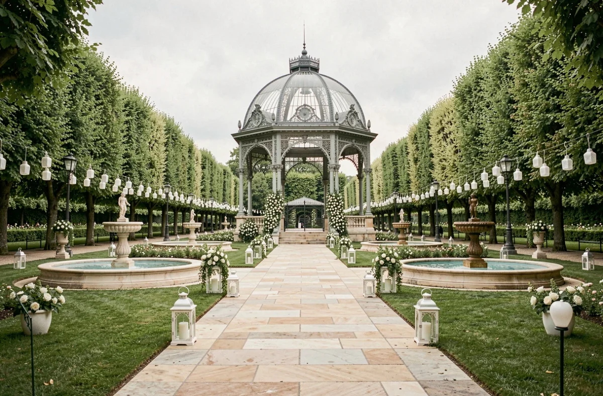 Pavillon Belle Époque du Parc des Vallières entouré de jardins fleuris et de lanternes blanches pour un mariage élégant