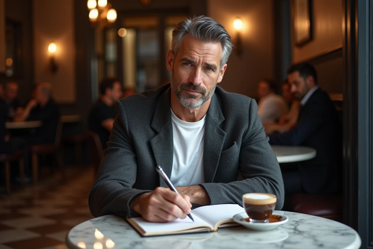 Homme public seul dans une brasserie parisienne avec un carnet, évoquant la discrétion et l'intimité d'une personnalité médiatique sur sa vie personnelle