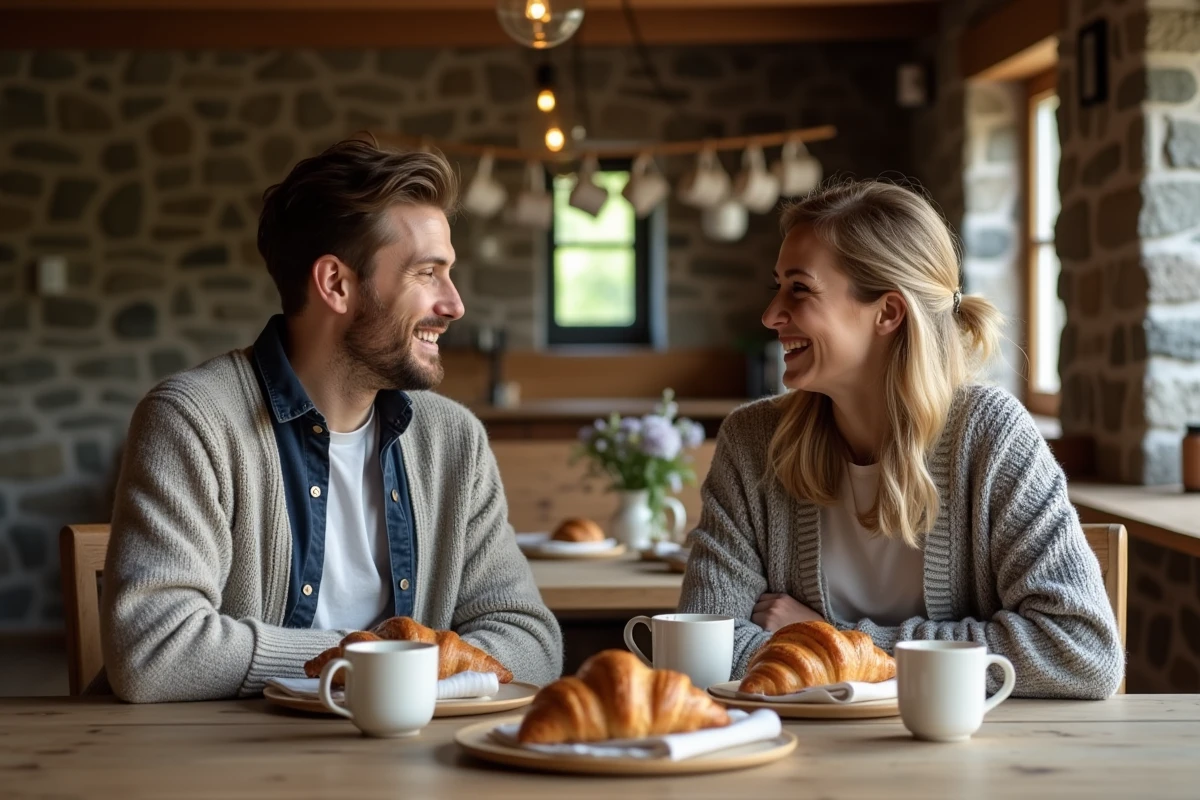 Couple partageant un petit déjeuner dans une cabane chaleureuse