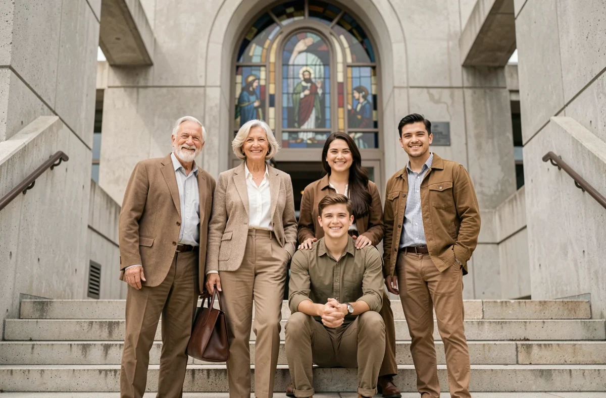 Séance photo de famille devant la chapelle du Sacré-Cœur d'Audincourt, portrait multigénérationnel authentique réalisé par un photographe local