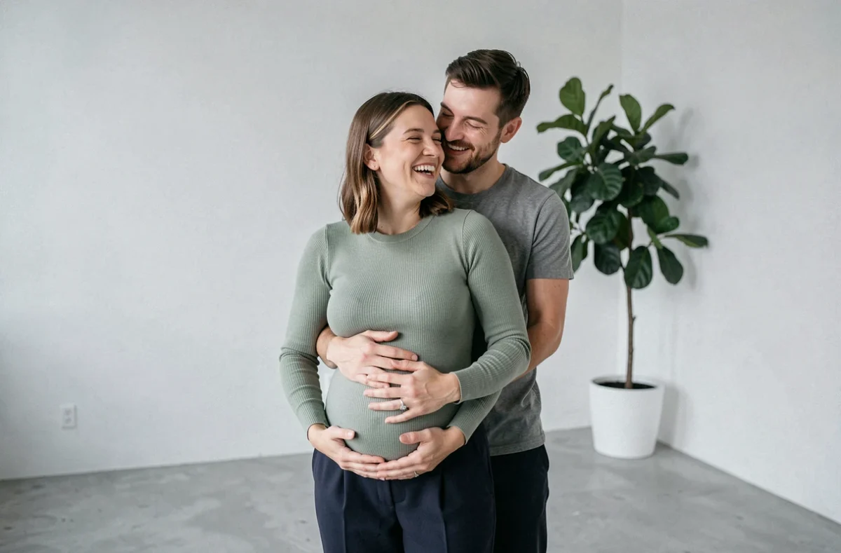 Couple attendant un bébé dans un studio minimaliste, le partenaire entourant le ventre de la femme enceinte, séance photo de grossesse en couple