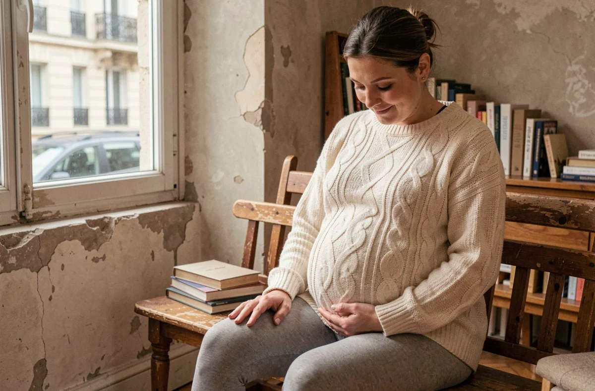 Femme enceinte assise près d'une fenêtre dans un appartement cosy, pull torsadé crème, photo de grossesse lifestyle à domicile