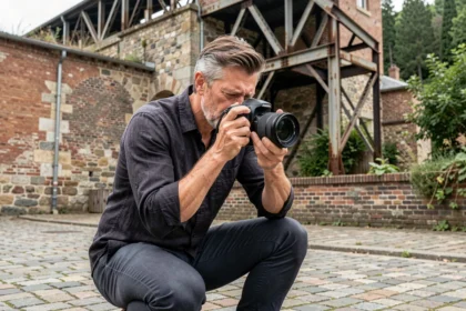 Photographe professionnel en train de shooter dans les rues d'Audincourt, appareil photo DSLR en main, décor urbain et industriel de la ville