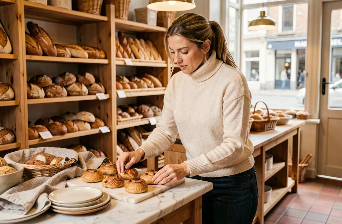Photographe commerciale spécialisée dans la photographie culinaire arrangeant des produits artisanaux dans une boulangerie de Saint-Omer