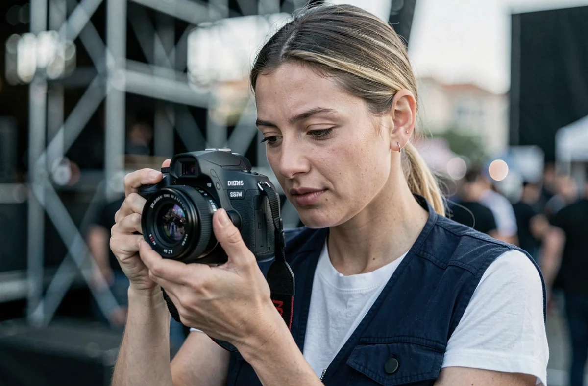 Photographe événementiel vérifiant ses photos en coulisse lors d'un concert en plein air à Fréjus