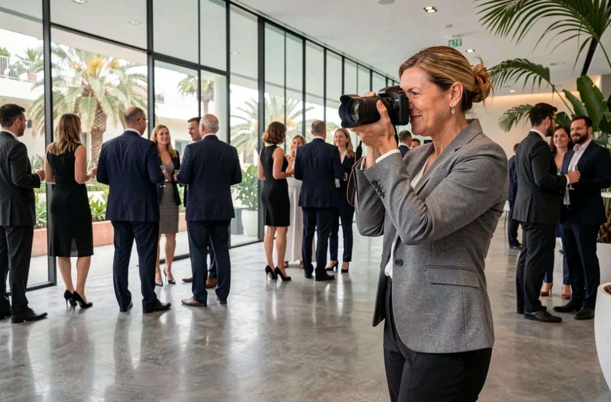 Photographe lors d'un événement corporate et cocktail professionnel dans une salle moderne à Fréjus