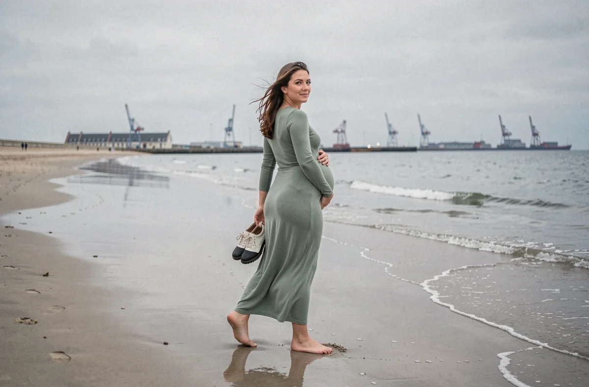 Femme enceinte en robe verte marchant pieds nus sur la plage du Moulin Blanc à Brest, portant ses chaussures à la main lors d'une séance photo grossesse en extérieur
