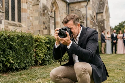 Photographe de mariage professionnel en action lors d'une cérémonie en plein air devant une église en pierre à Caen, Normandie