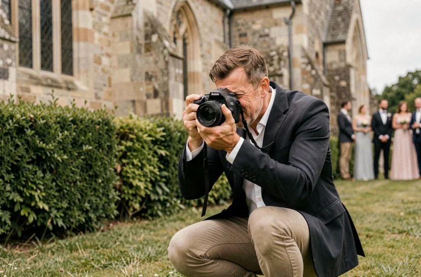 Photographe de mariage professionnel en action lors d'une cérémonie en plein air devant une église en pierre à Caen, Normandie