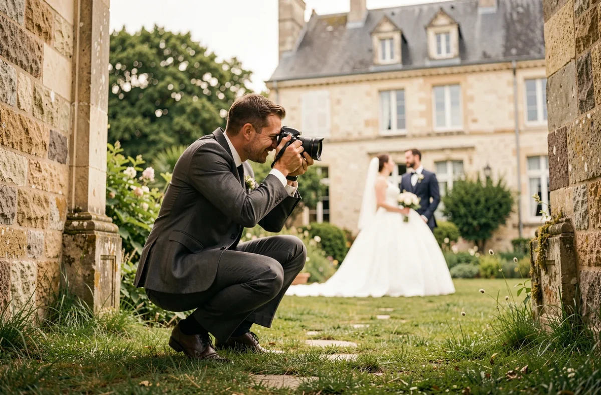 Photographe de mariage en action dans un domaine de la campagne près de Saint-Omer, capturant les mariés en extérieur