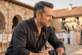 Photographe professionnel en action lors d'un mariage en extérieur à Fréjus avec patrimoine romain en arrière-plan