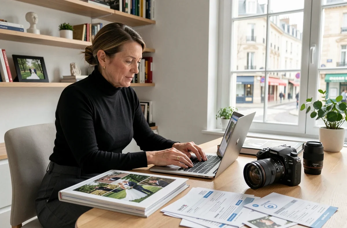 Photographe de mariage professionnelle consultant ses tarifs et albums photo dans son studio à Caen