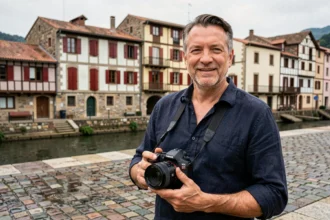 Photographe professionnel dans les rues historiques de Bayonne avec appareil photo reflex Canon, architecture basque en arrière-plan