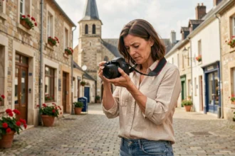 Photographe professionnelle réglant son appareil photo en place de village à Montaigu-Vendée