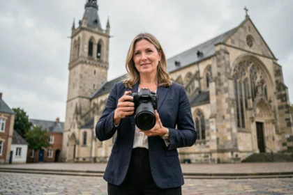 Photographe professionnelle devant la cathédrale de Saint-Omer tenant un appareil photo reflex, illustrant les services photographiques dans la région