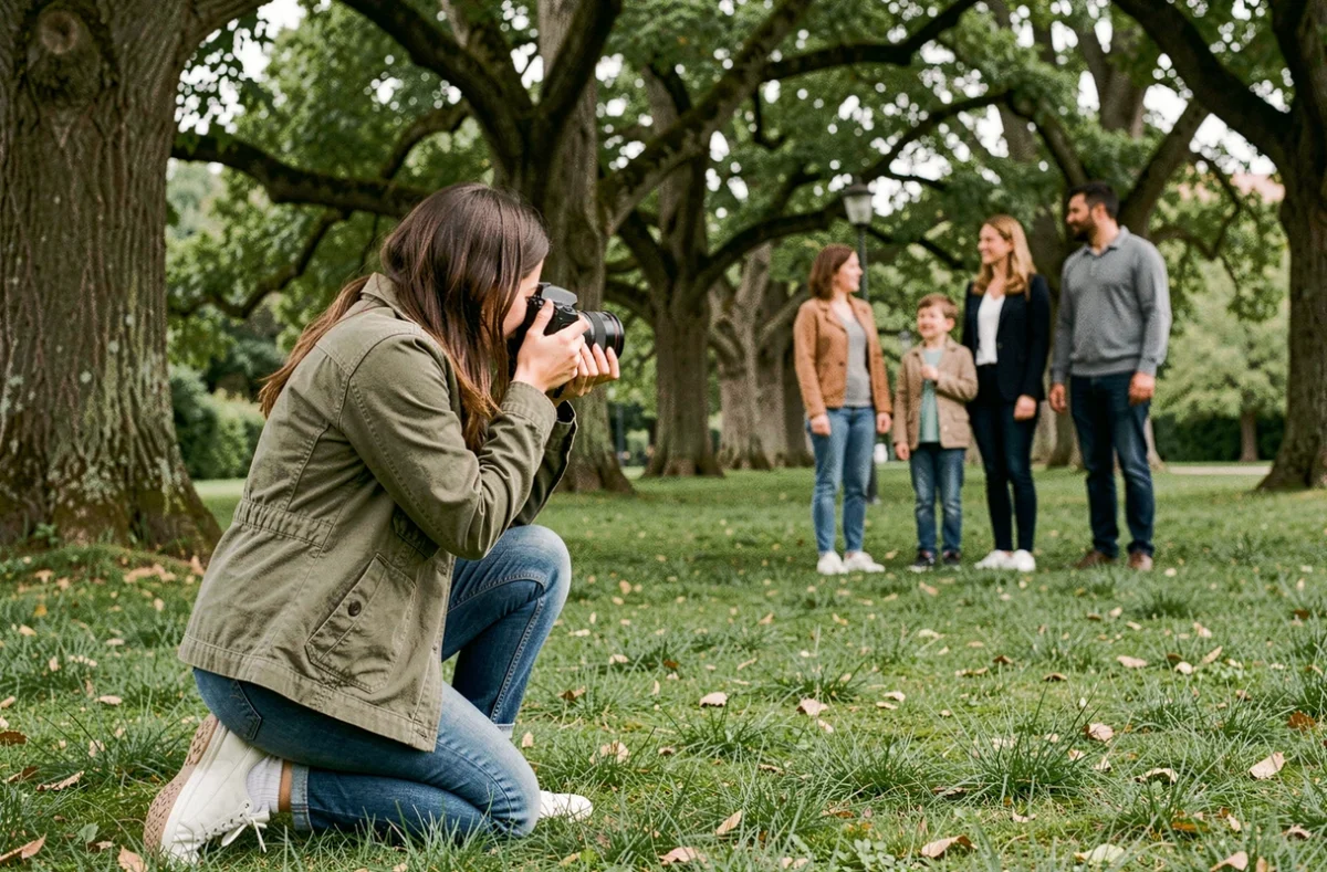 Photographe en plein air capturant une séance famille dans le parc de Mousserolles à Bayonne, environnement naturel verdoyant