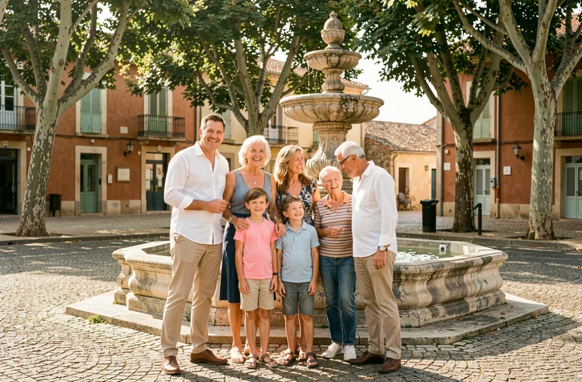 Séance photo de famille en plein air sur une place provençale ensoleillée à Fréjus