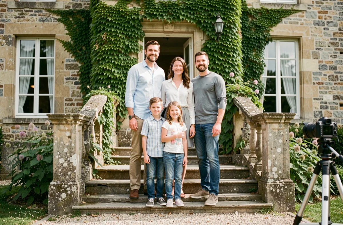 Portrait de famille devant un manoir en pierre lors d'une séance photo à Montaigu