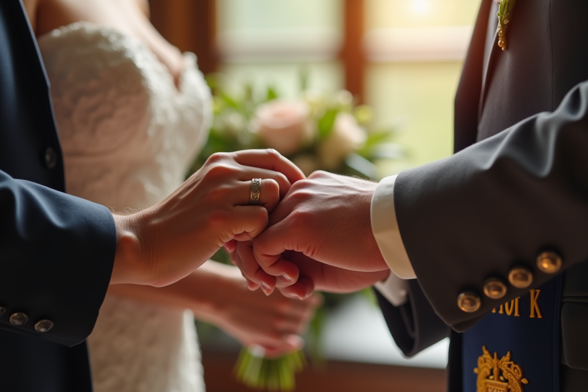 Main posant la bague de mariage lors d