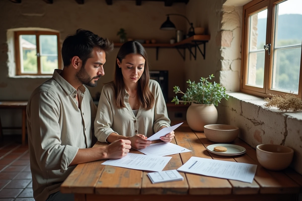 Couple albanais préparant les démarches administratives du mariage avec documents officiels à la maison