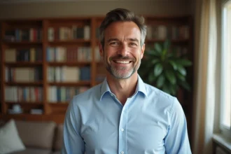 Portrait souriant d'un présentateur de télévision dans un appartement parisien au décor chaleureux