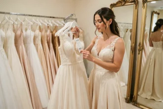 Mariée dans une boutique examinant le prix d'une robe de mariée en dentelle ivoire