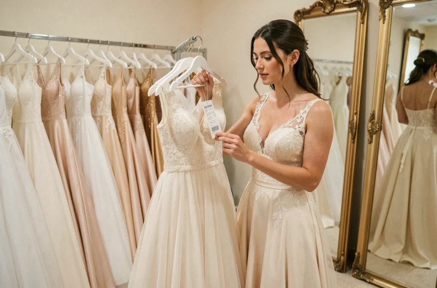 Mariée dans une boutique examinant le prix d'une robe de mariée en dentelle ivoire