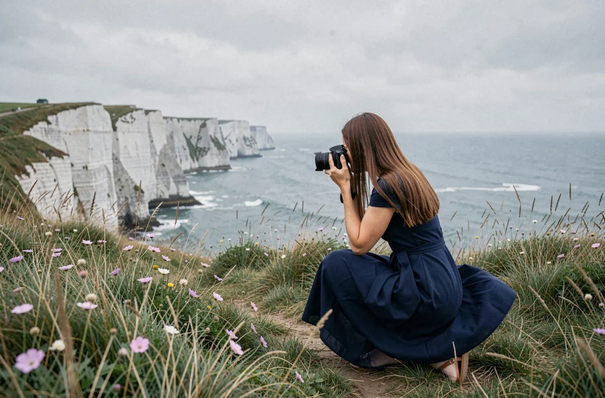 Photographe de mariage agenouillée dans les herbes côtières sur les falaises normandes de la côte d'Albâtre