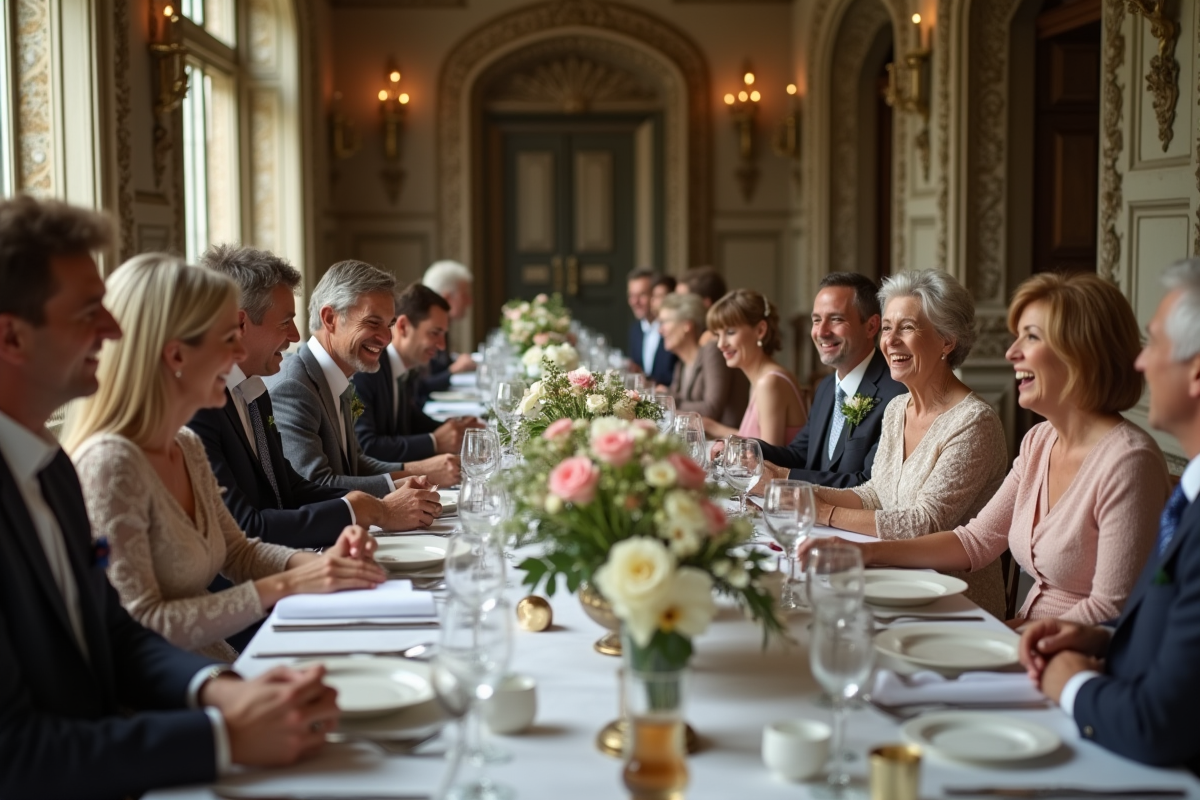 Groupe d invités au mariage dans un château français